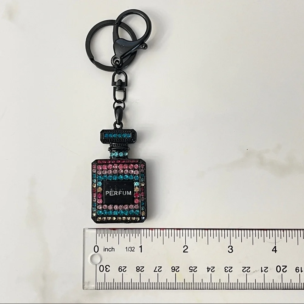 Luxury Perfume Bottle Bag Charm Key Chain - Black‎ Colorful Rhinestone Bling